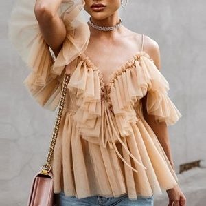 Tulle off the shoulder laceup ruffle blouse